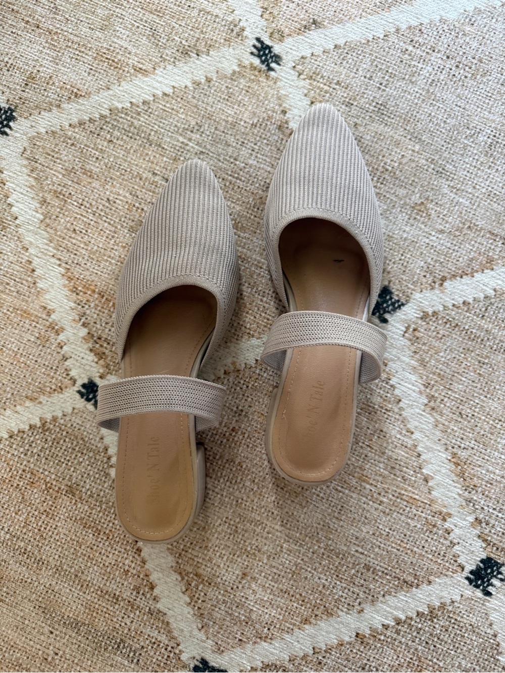 Beige Knit Pointed-Toe Mules